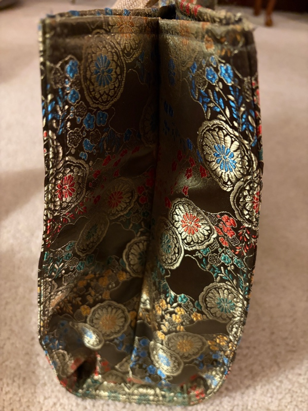 Oriental Olive Green Vibrant Floral Jacquard Satin Tote Bag with Beige Straps - Picture 5 of 16